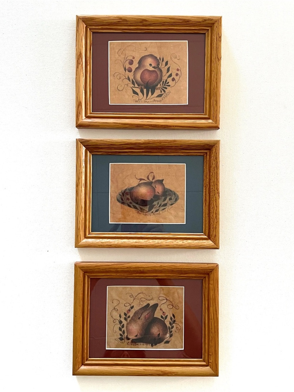 Vintage Folk Art Barbara Palmer Animal Prints Wood Framed Set of 3 Gallery Wall